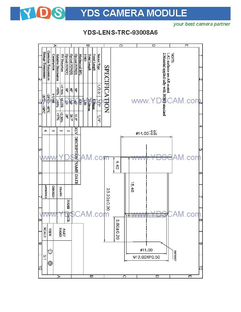 Yds-H3mpf-Ov5640-1b V5.0 5MP Ov5640-1b Mipi and Dvp Parallel Interface M12 Fixed Focus Camera Module